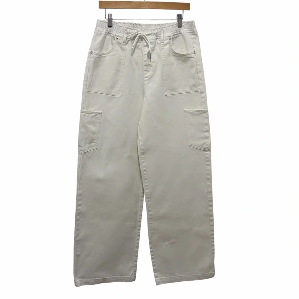 Madden NYC White Denim Wide Leg Cargo Drawstring Elastic Waist Jeans - Med